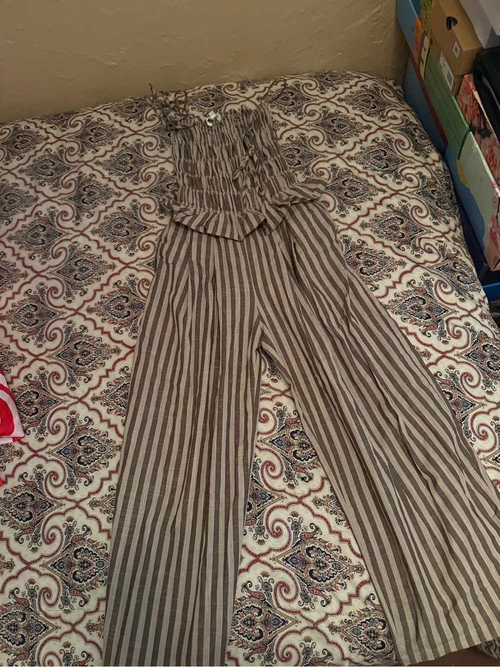 Striped Taupe & Cream Wide-Leg Jumpsuit